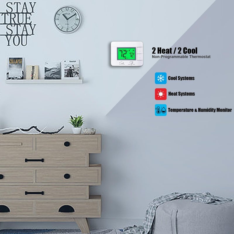 Garystat Upgraded Multi-Stage Non-Programmable Thermostats for Home 2 Heat/2 Cool, with Temperature & Humidity Monitor and Large Green LCD - Image 2